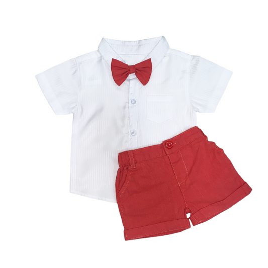 Boy's Collar Shirt with Dark Orange Short & Bow Set