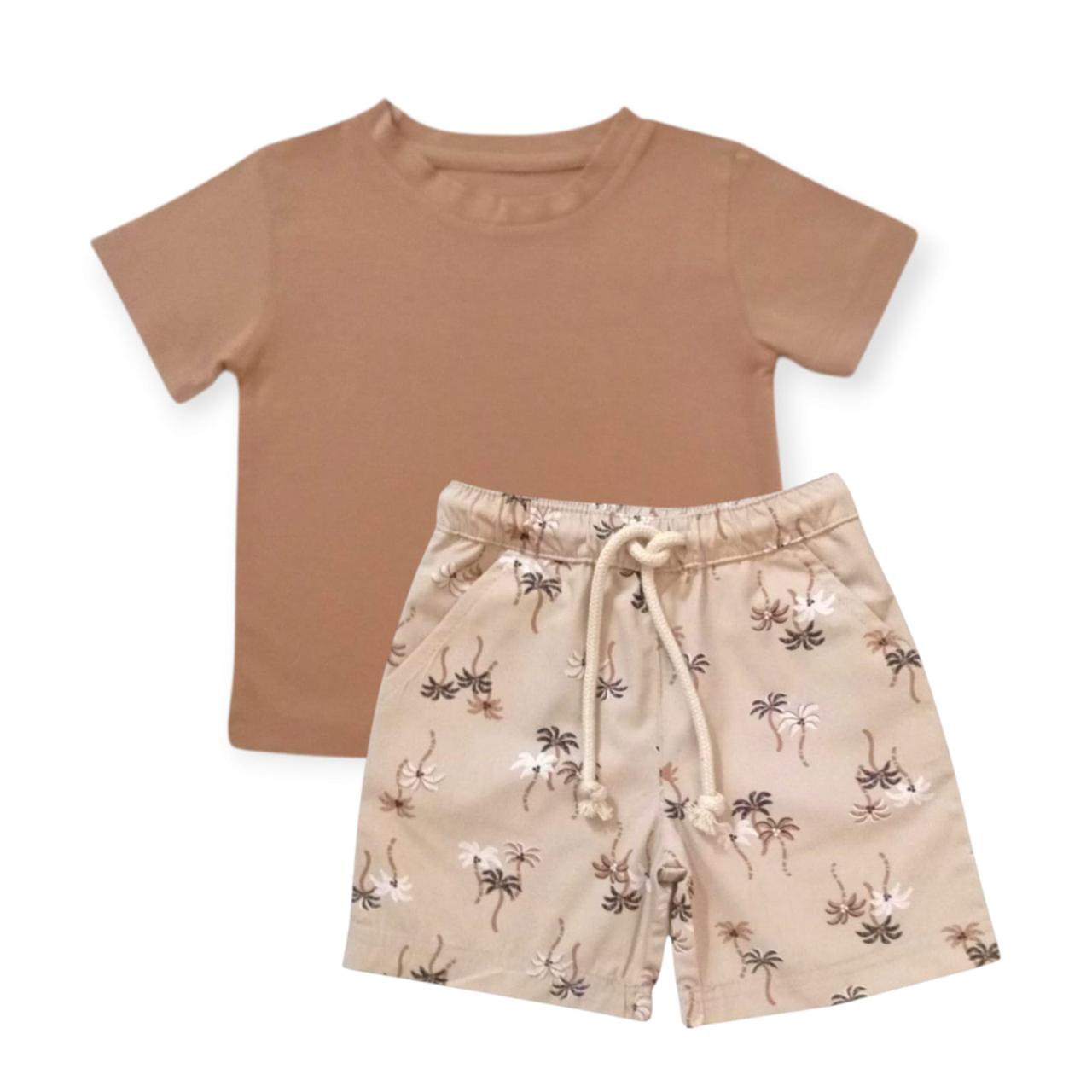 Coconut Tree Printed Short With T-Shirt - Beige