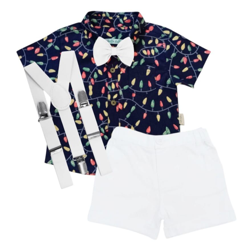 Dark Blue Printed Shirt With White Short, Bow & Suspender