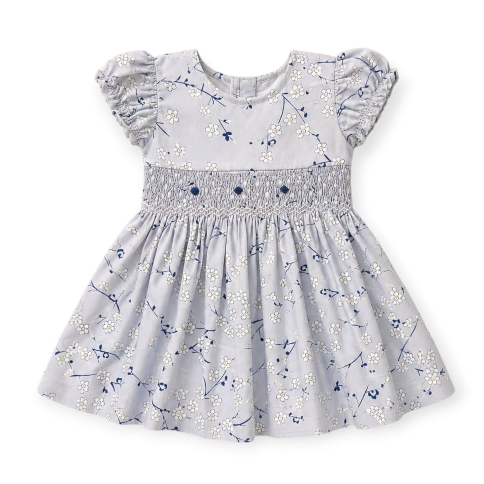 Floral Smocked Dress-Sky Blue