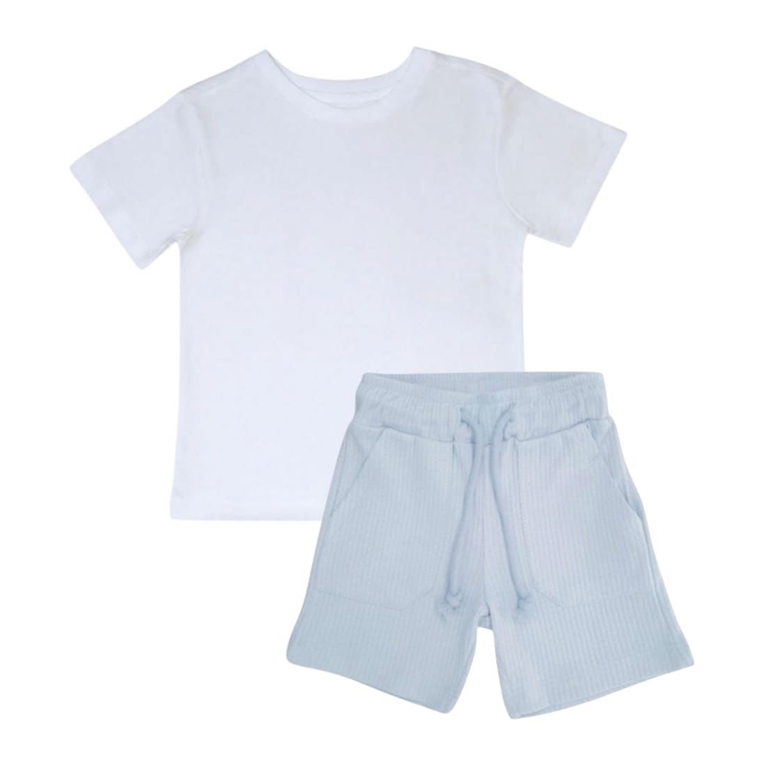 White T-Shirt With Light Blue Rib Short
