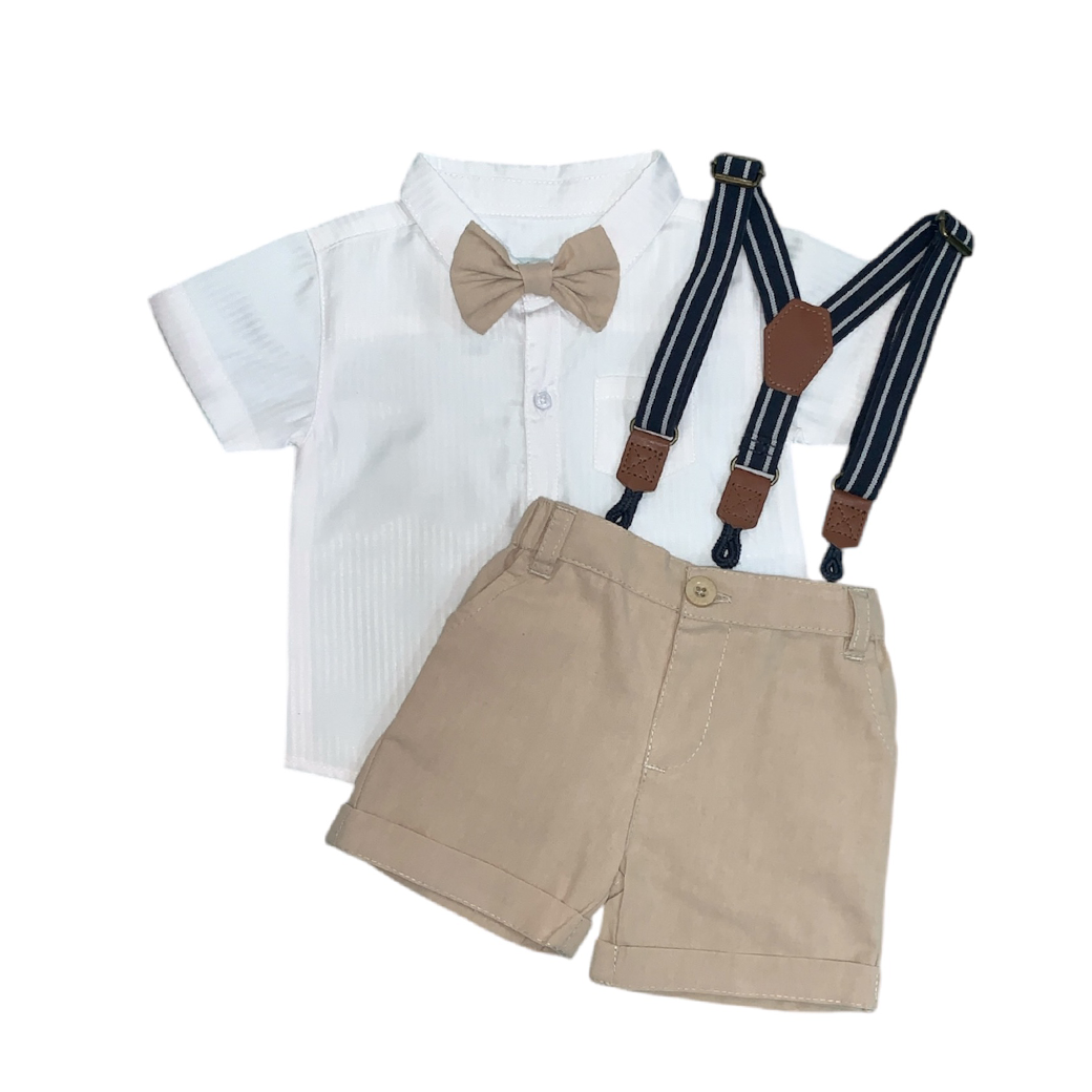 Boy's Collar Shirt , Beige Short with Bow & Suspender