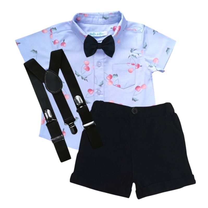 Cherry Printed Shirt With Black Short, Bow & Suspender