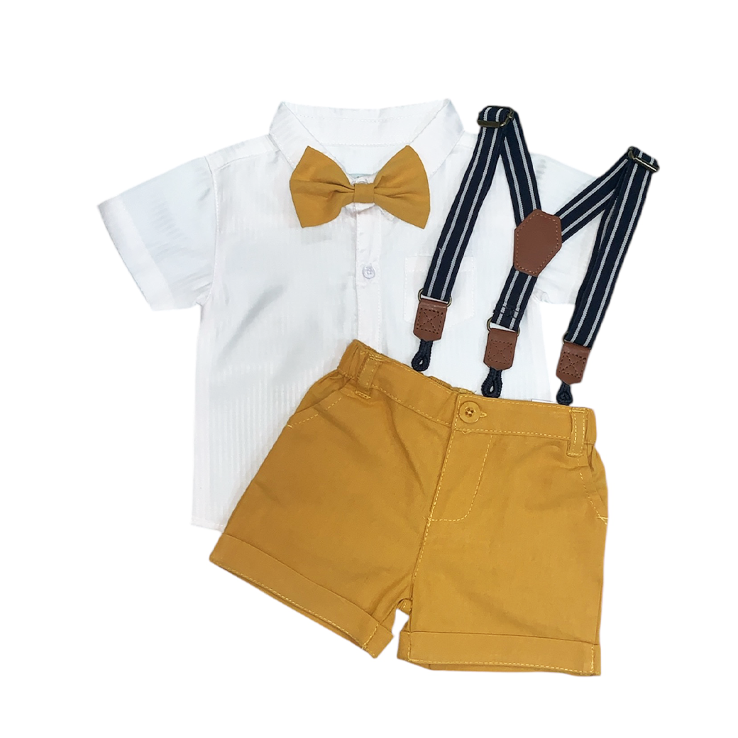 Boy's Collar Shirt , Mustard Yellow Short with Bow & Suspender