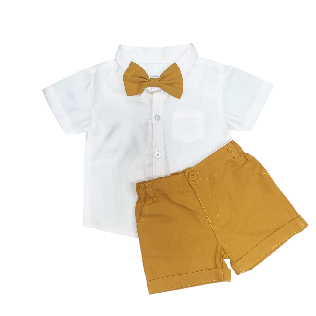 Boy's Collar Shirt with Mustard Yellow Short & Bow Set