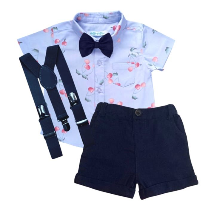Cherry Printed Shirt With Dark Blue Short, bow & Suspender