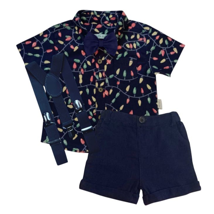 Dark Blue Printed Shirt With Short, Bow & Suspender