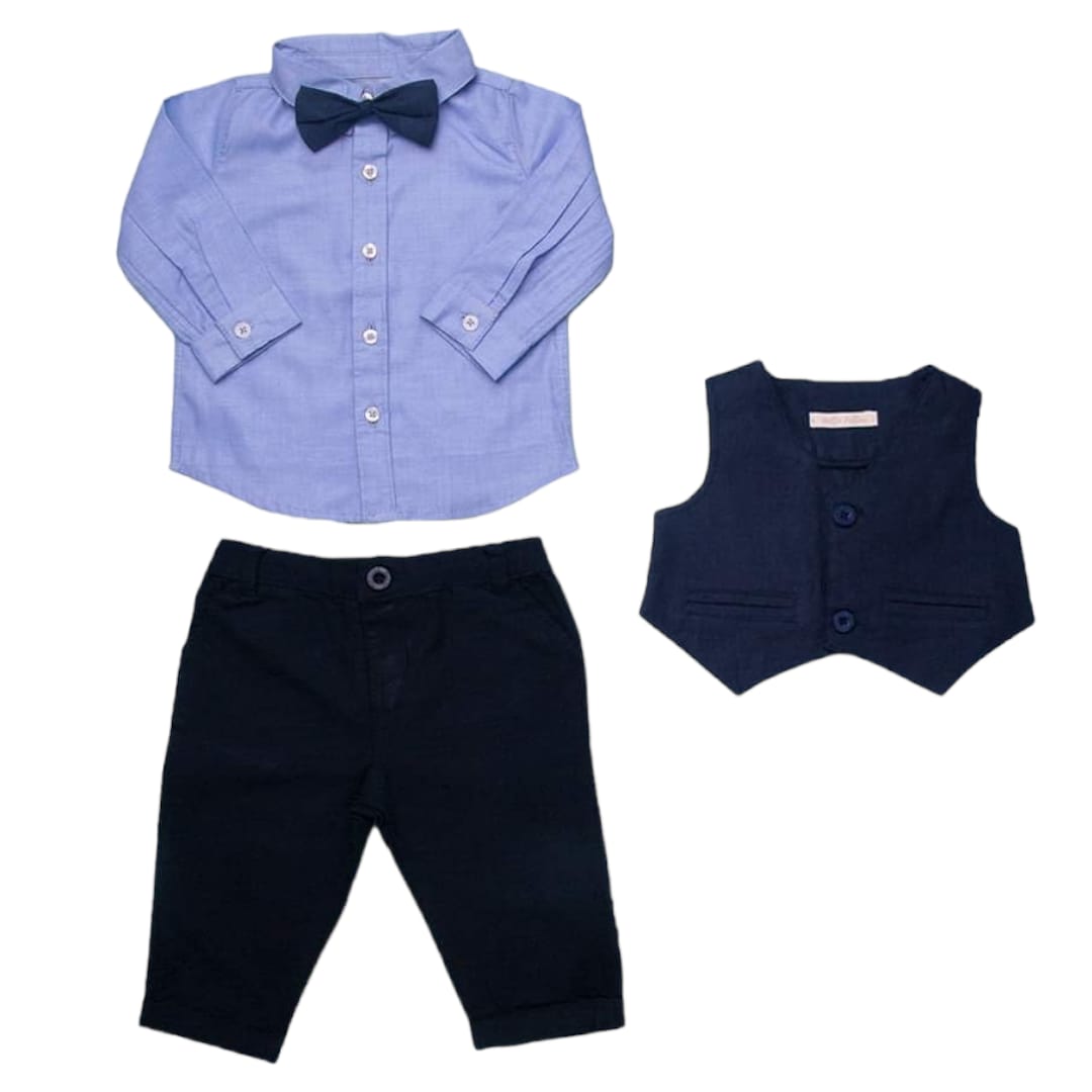 Long Sleeve Collar Shirt Pant and Waist Coat with Bow - Dark Blue