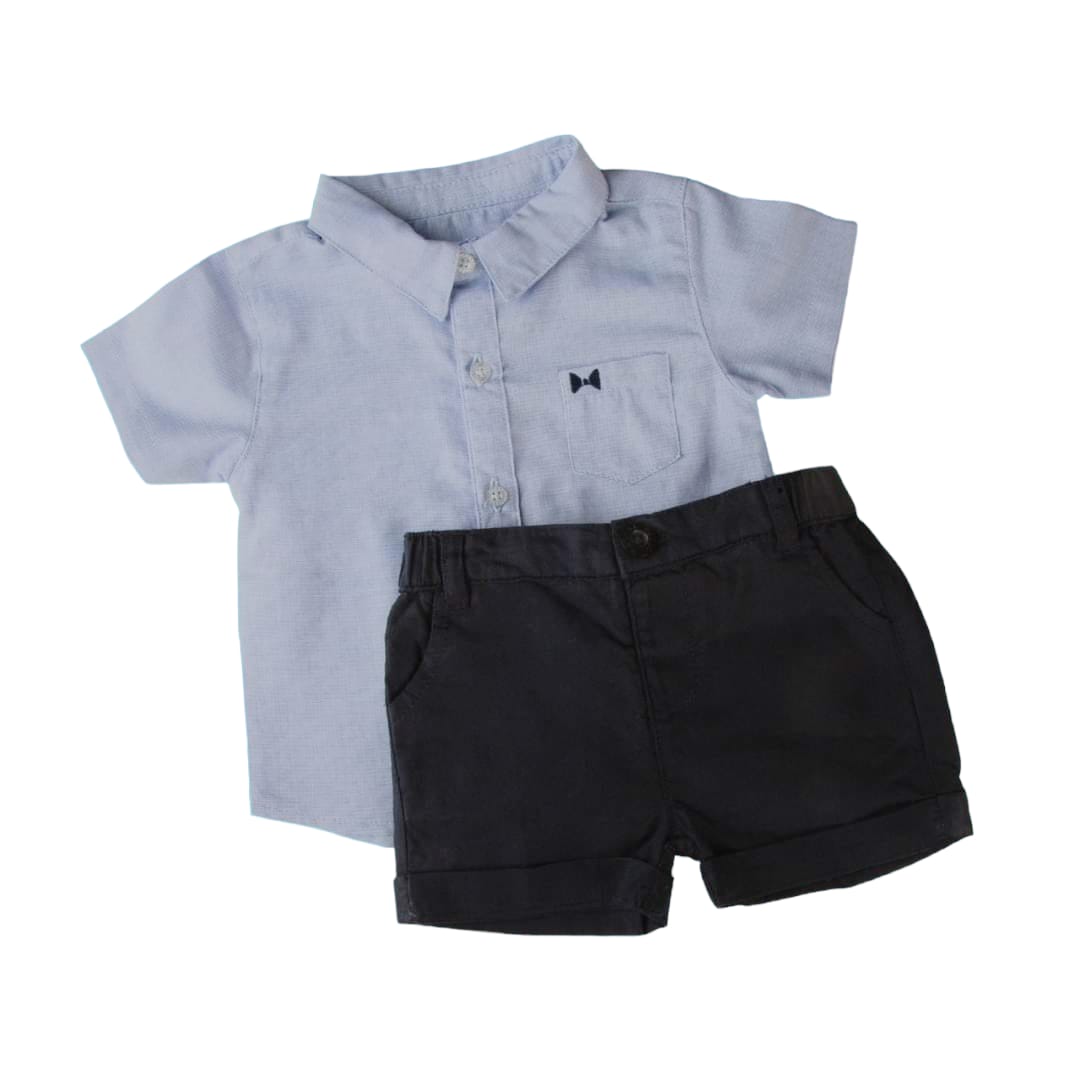 Logo Embroidered Collar Shirt with Short Set - Blue
