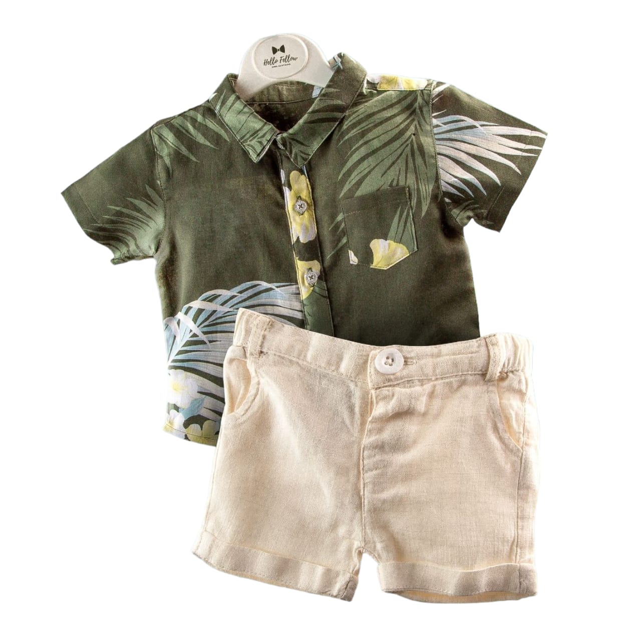 Green Collar Shirt with Beige Short Set - Beach Theme