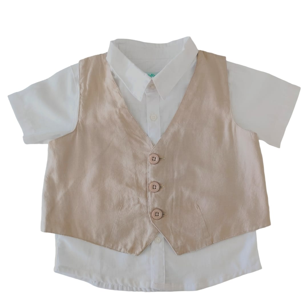 White Shirt with Waist Coat Set - Brown