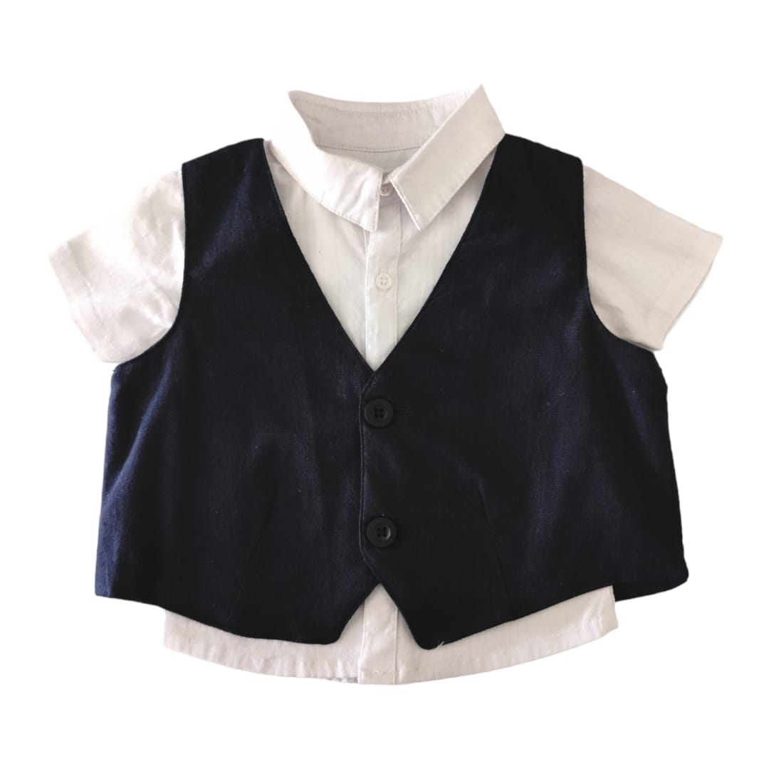 White Shirt with Waist Coat Set - Dark Blue