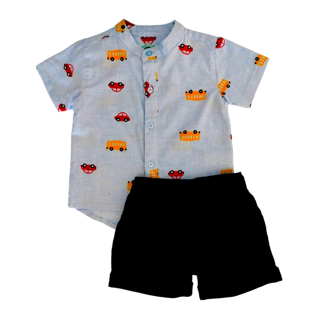 Vehicle Printed Chinese Collar Shirt with Black Short Set