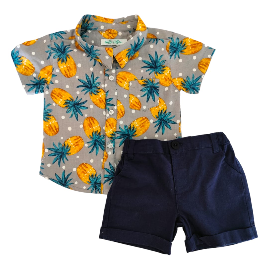 Pineapple Printed Shirt with Dark Blue Short Set
