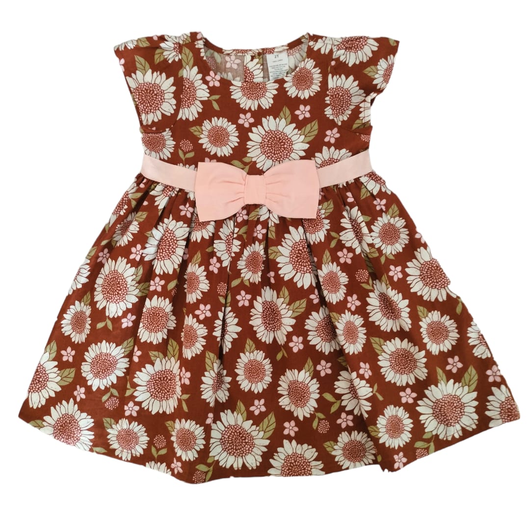 Girl's Brown Sleeveless Sunflower Printed Dress