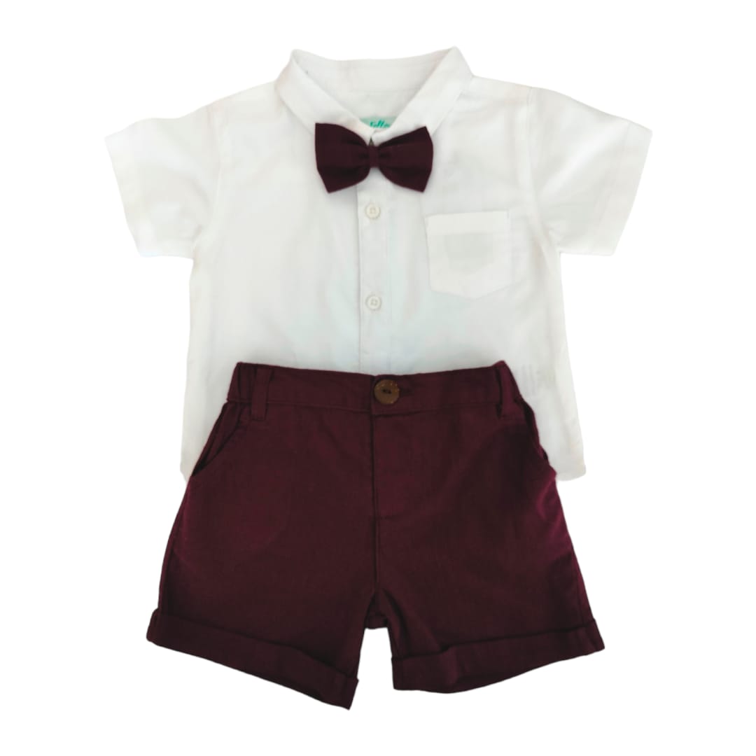White Collar Shirt & Maroon Short with Bow