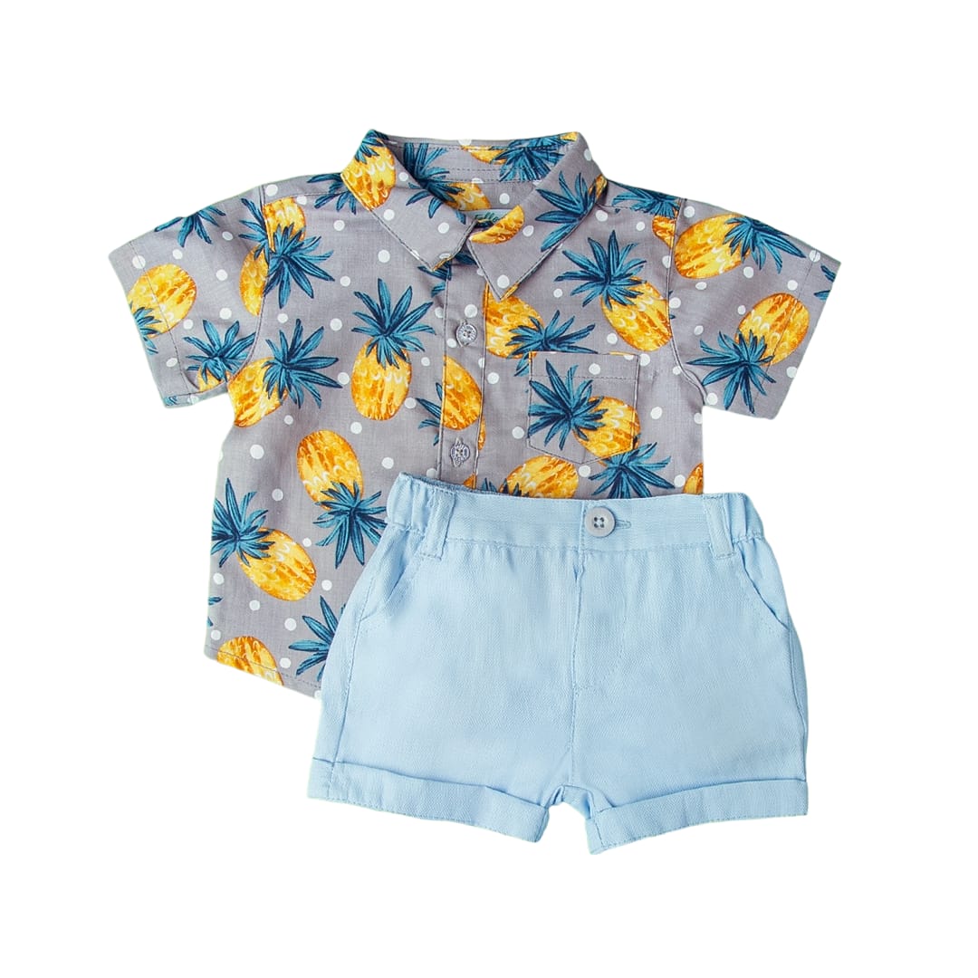 Pineapple Printed Collar Shirt with Light Blue Short Set