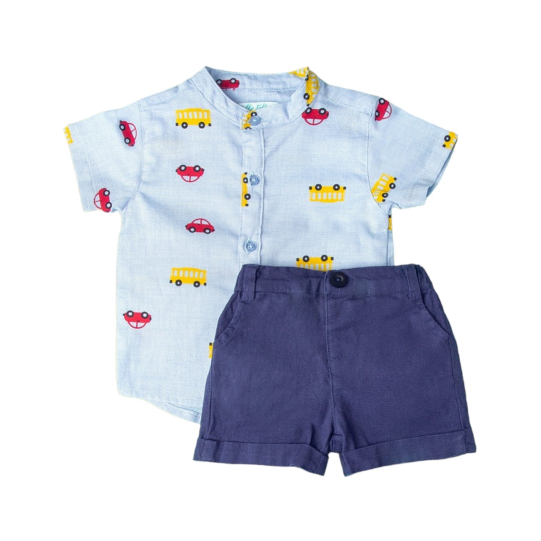 Vehicle Printed Chinese Collar Shirt with Blue Short Set