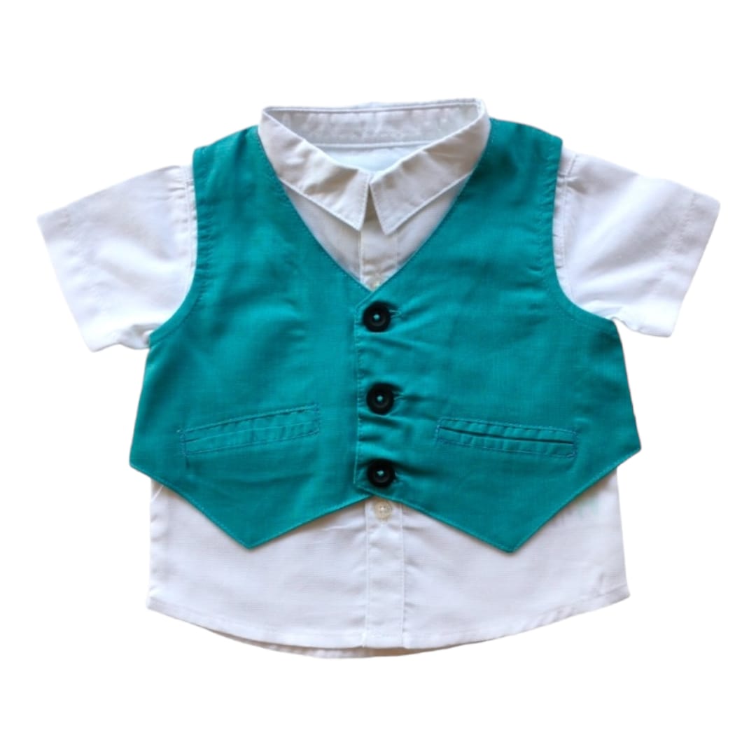 White Collar Shirt with Greenish Blue Waistcoat Set