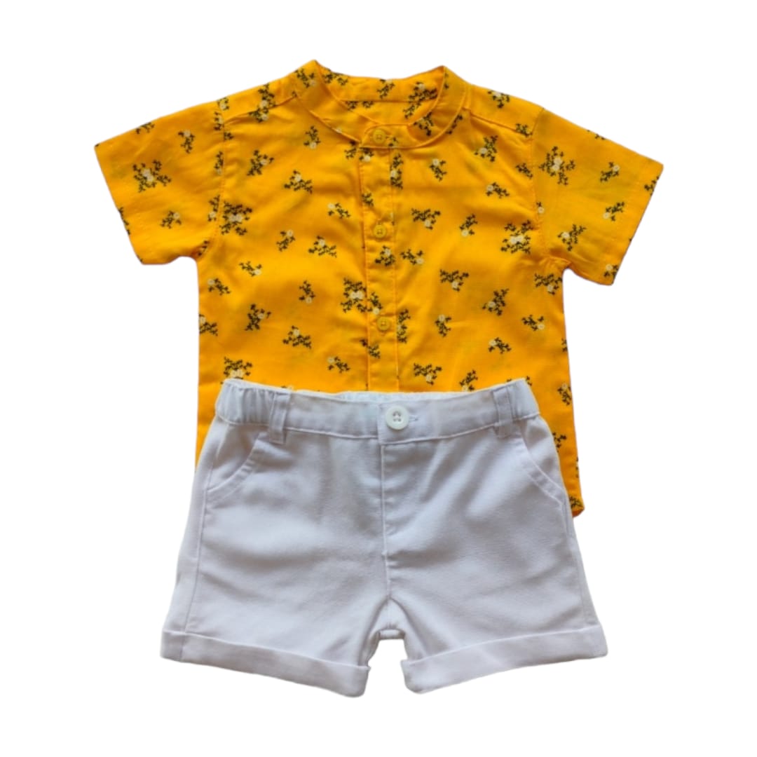 Yellow Floral Shirt with White Short Set