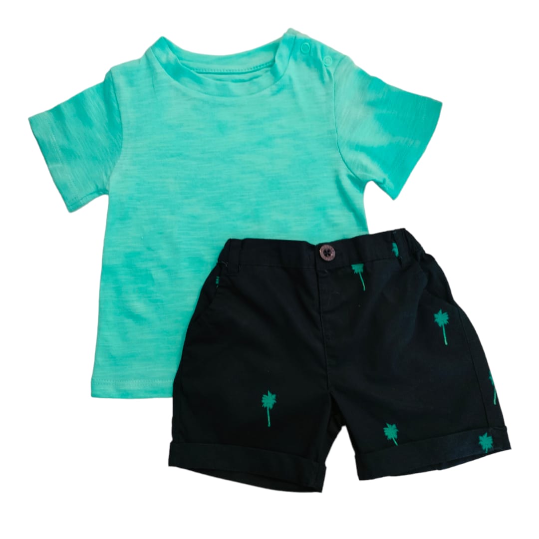 Boy's Aqua T Shirt with Printed Dark Blue Short Set