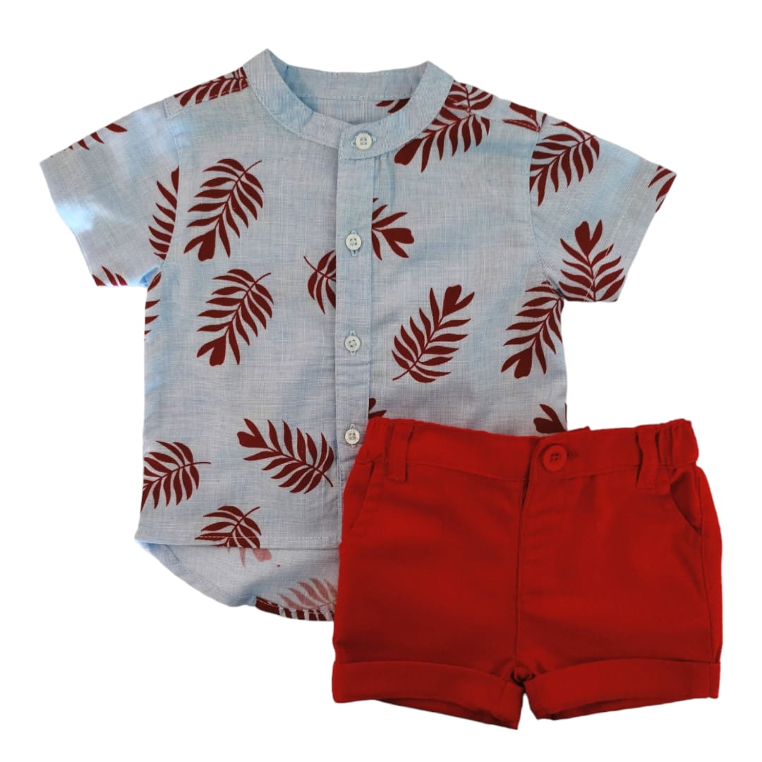 Boy's Chinese Collar Shirt with Red Short Set