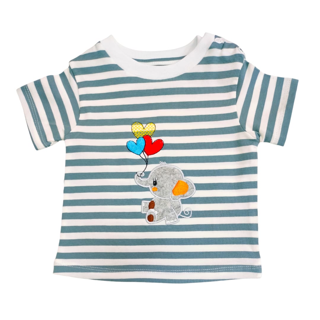 Boy's Striped T Shirt - Blue Baby Elephant Printed