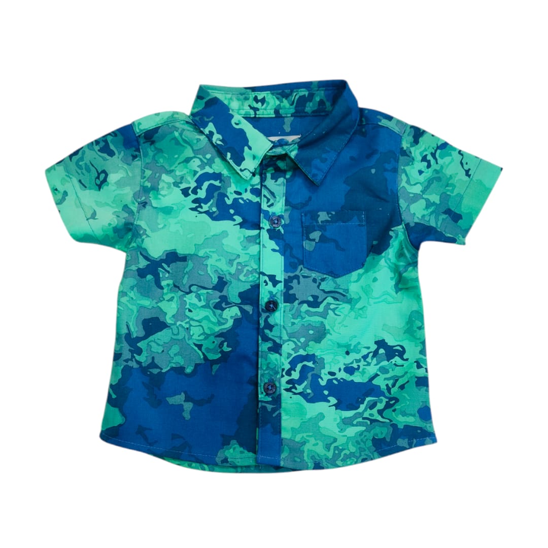 Boy's Collar Shirt - Green & Blue Printed