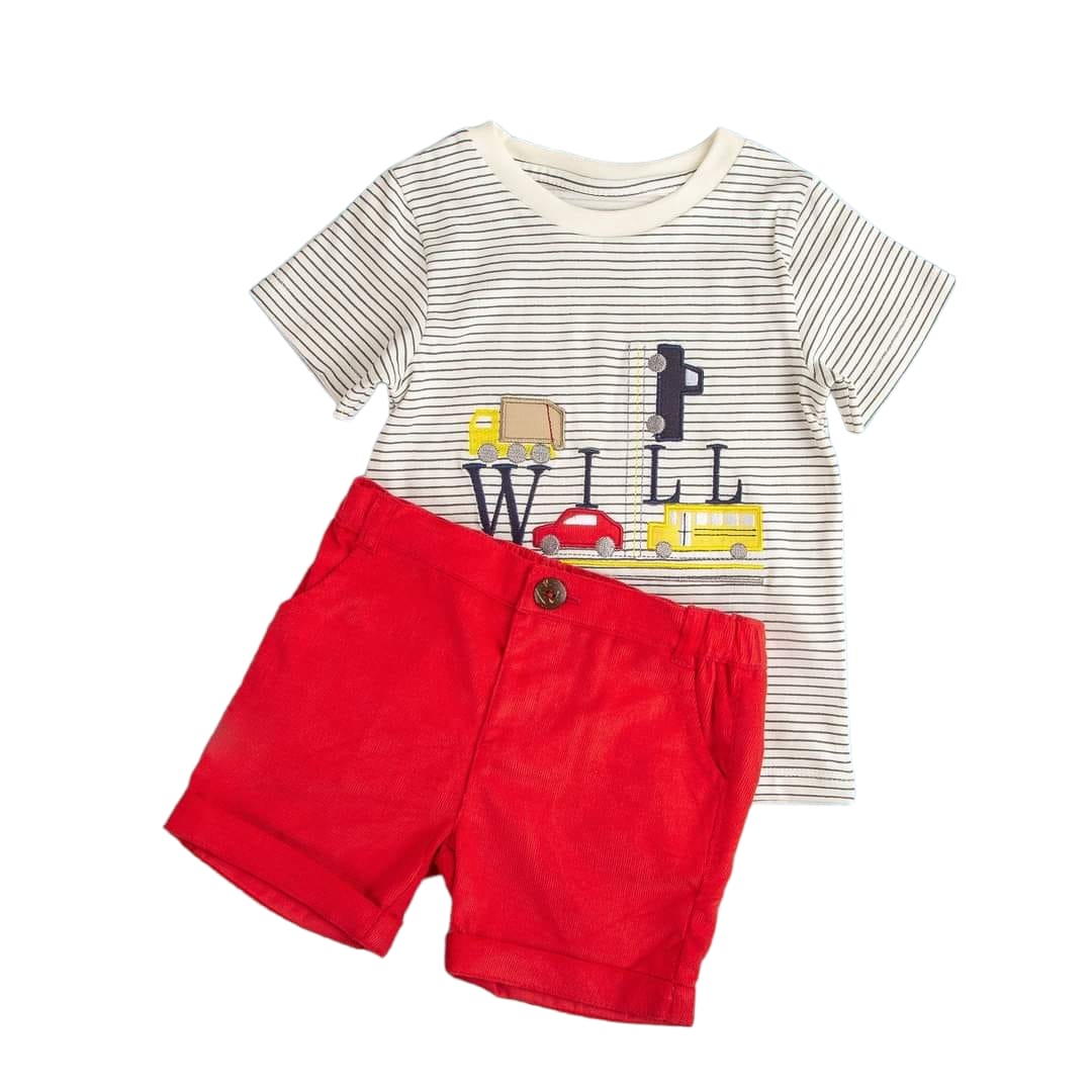 Vehicle Embroidered T Shirt with Red Corduroy Short