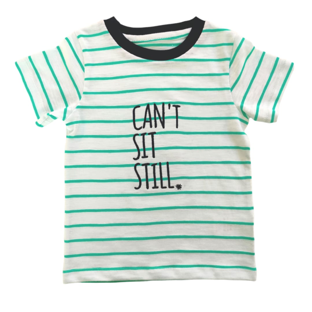 Can't Sit Still Embroidered Black Round Neck T-Shirt - Green Stripe