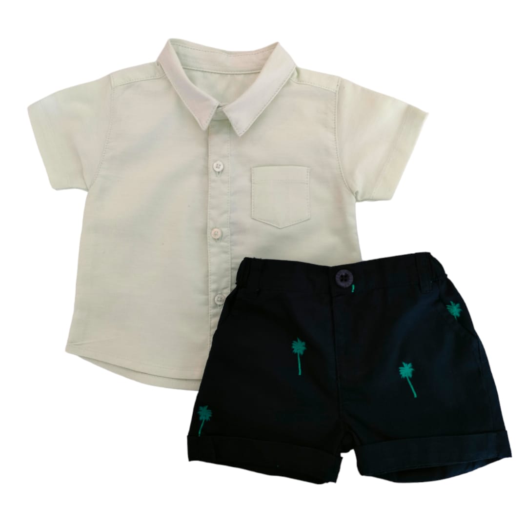 Mint Green Collar Shirt with Dark Blue Printed Short Set