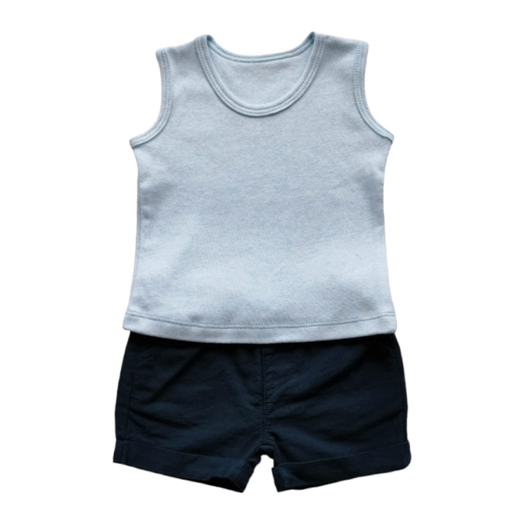 Baby White Skinny with Dark Blue Linen Short Set