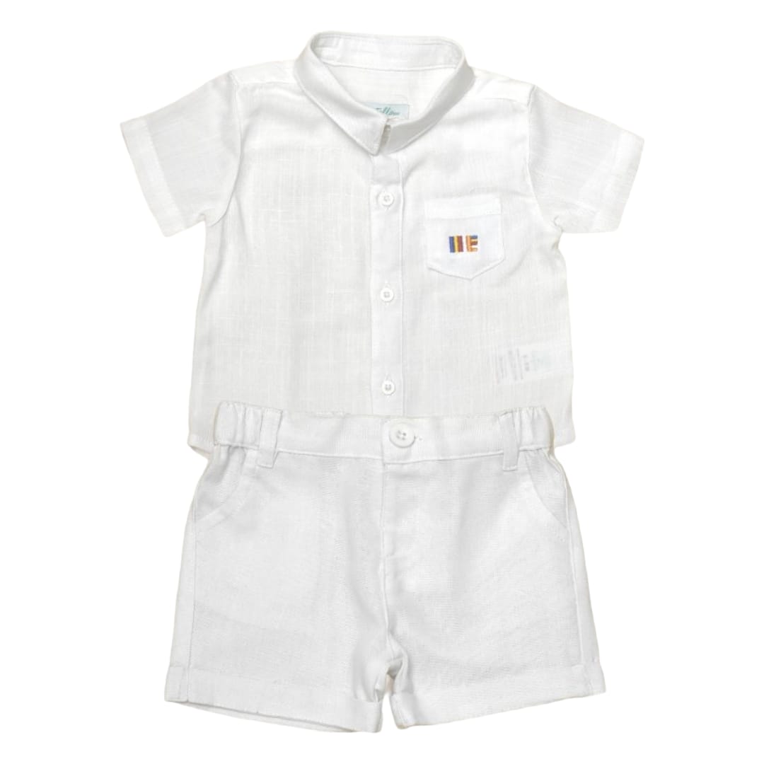 Boy's White Embroidered Collar Shirt with White Short Set