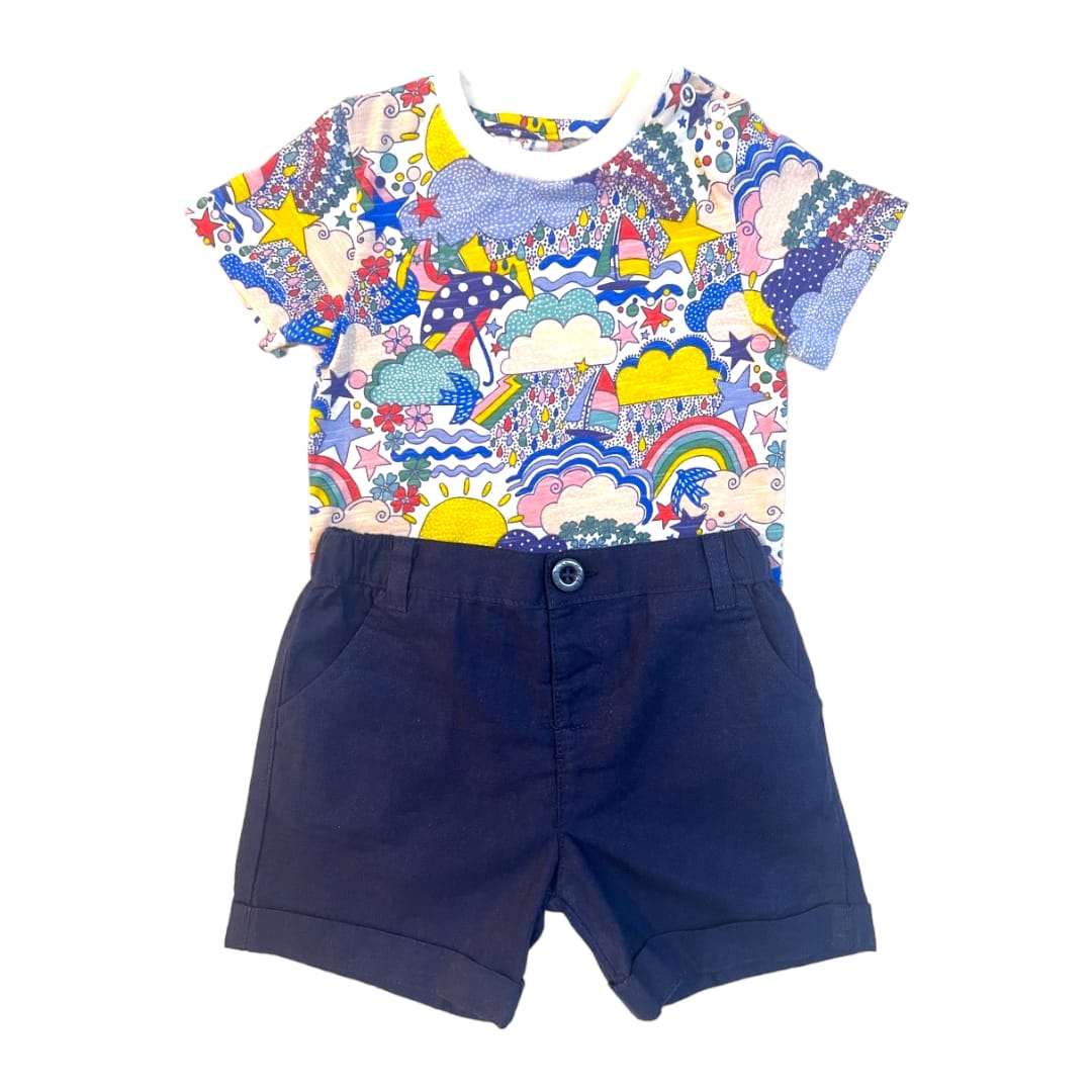 Cloudy Sky Round Neck T-Shirt with Blue Short Set