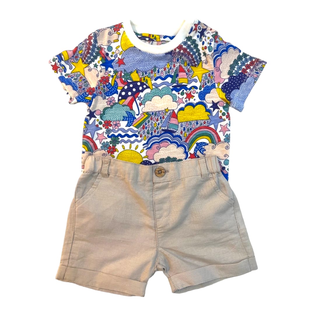 Cloudy Sky Round Neck T-Shirt with Beige Short Set