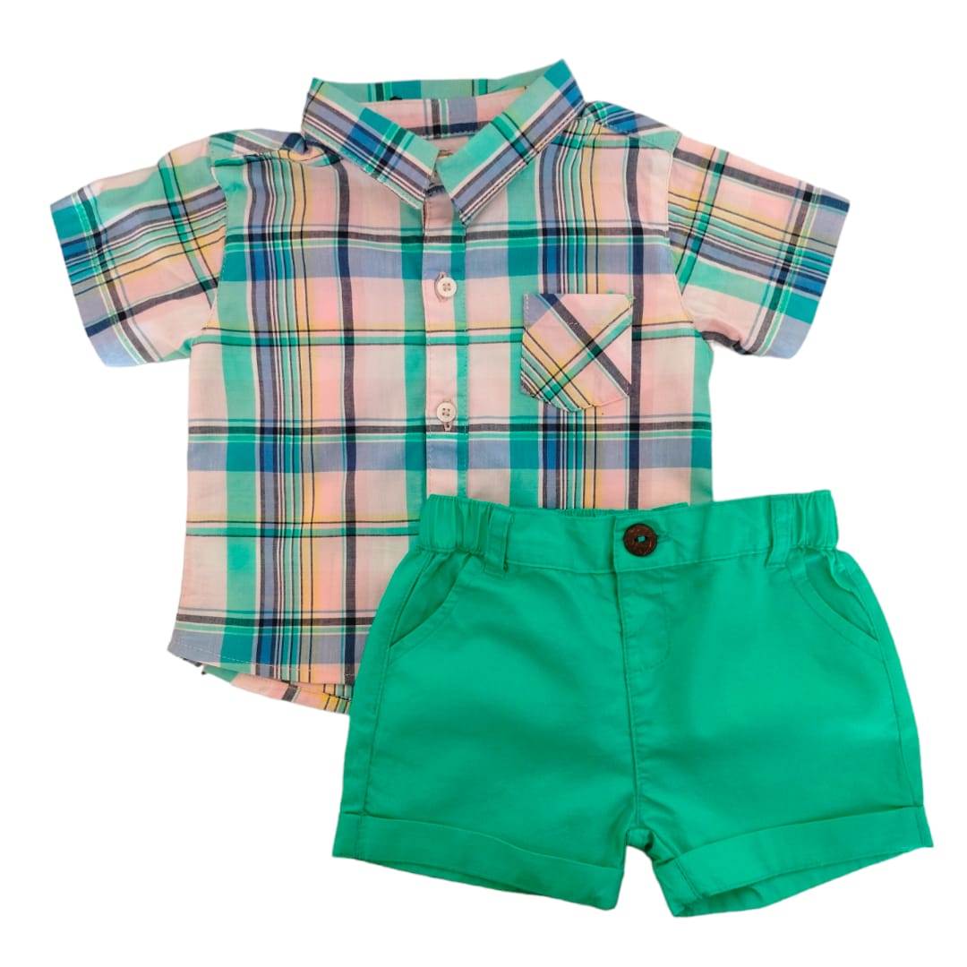 Boy's Check Shirt with Green Short Set