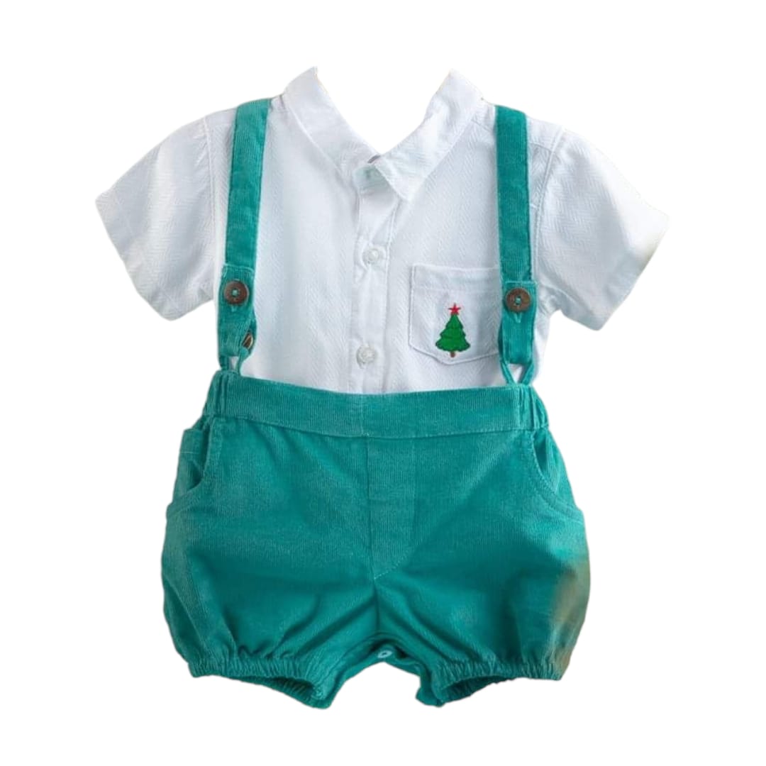 White Short Sleeve Shirt with Green Dungaree Set - Christmas Theme