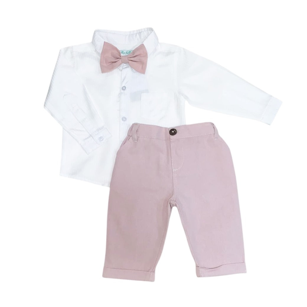 White Long Sleeve Shirt with Light Pink Pant & Bow