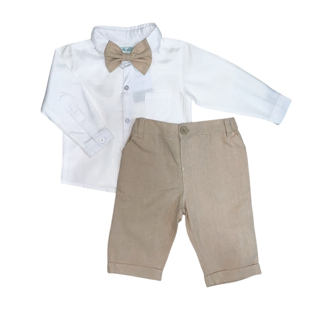 White Long Sleeve Shirt with Beige Pant & Bow