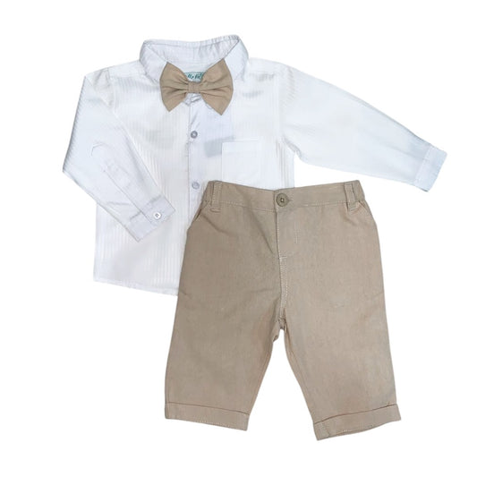 White Long Sleeve Shirt with Beige Pant & Bow