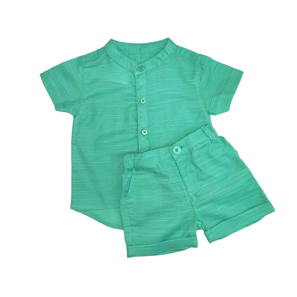 Pastel Green Chinese Collar Shirt with Short Set