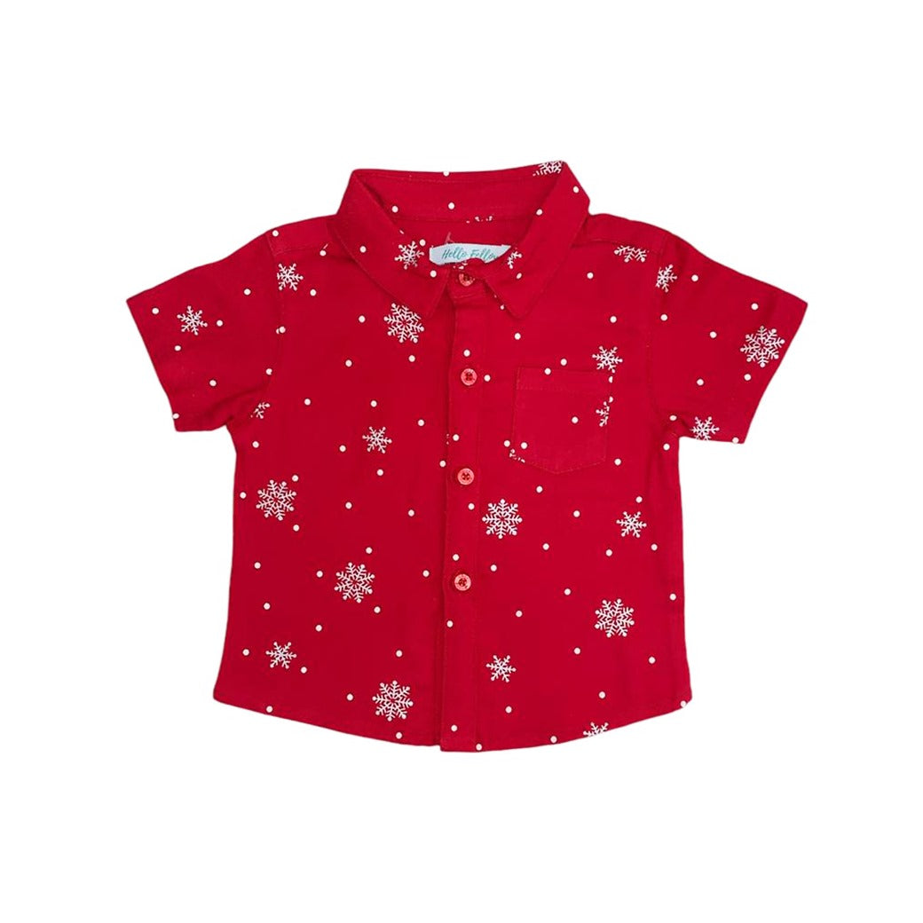 Boy's Collar Red Shirt - Snow Flake Print