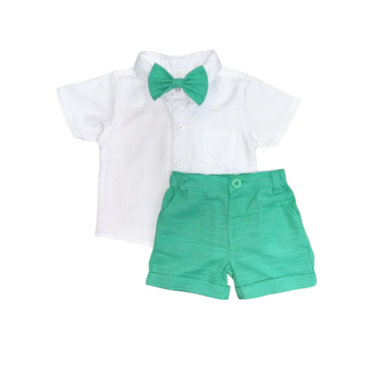 Boy's Collar White Shirt with Green Short & Bow