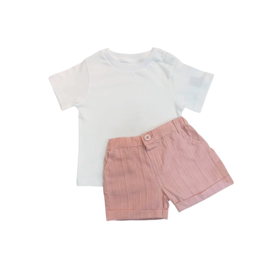 White T - Shirt with Salmon Pink Stripe Short