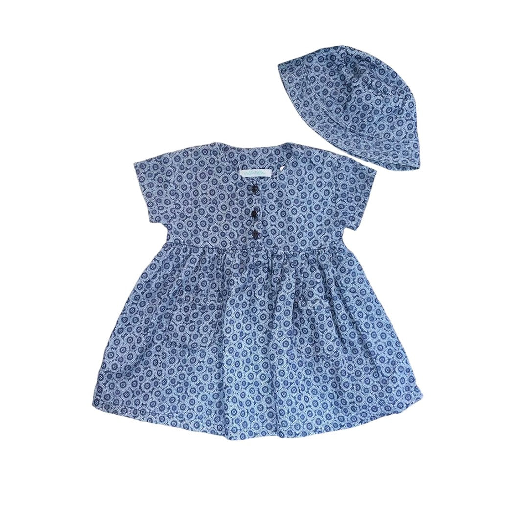 Blue Floral Print Dress with a Hat
