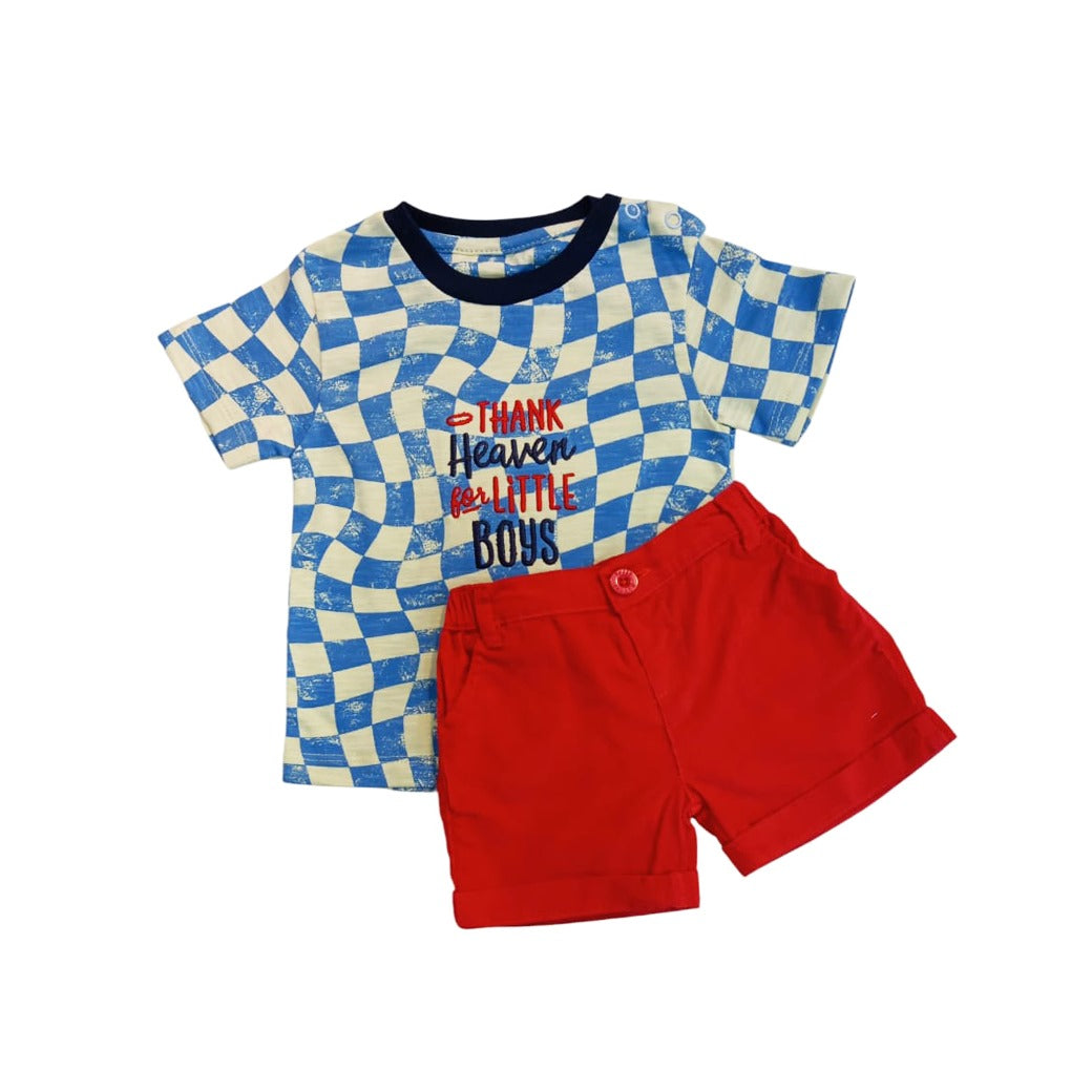 Square Print T - Shirt with "Thank Heaven For Little Boy's" Emb T - Shirt & Red Short