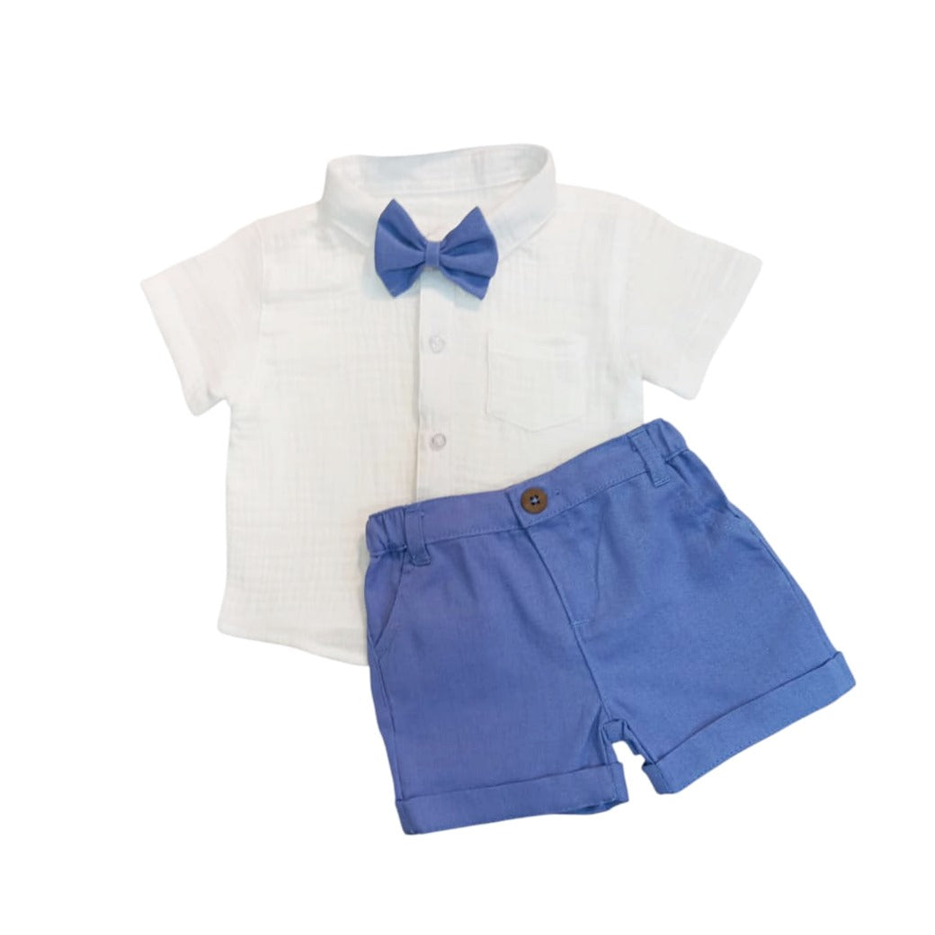 Boy's Collar White Shirt with Corn Flower Blue Short & Bow