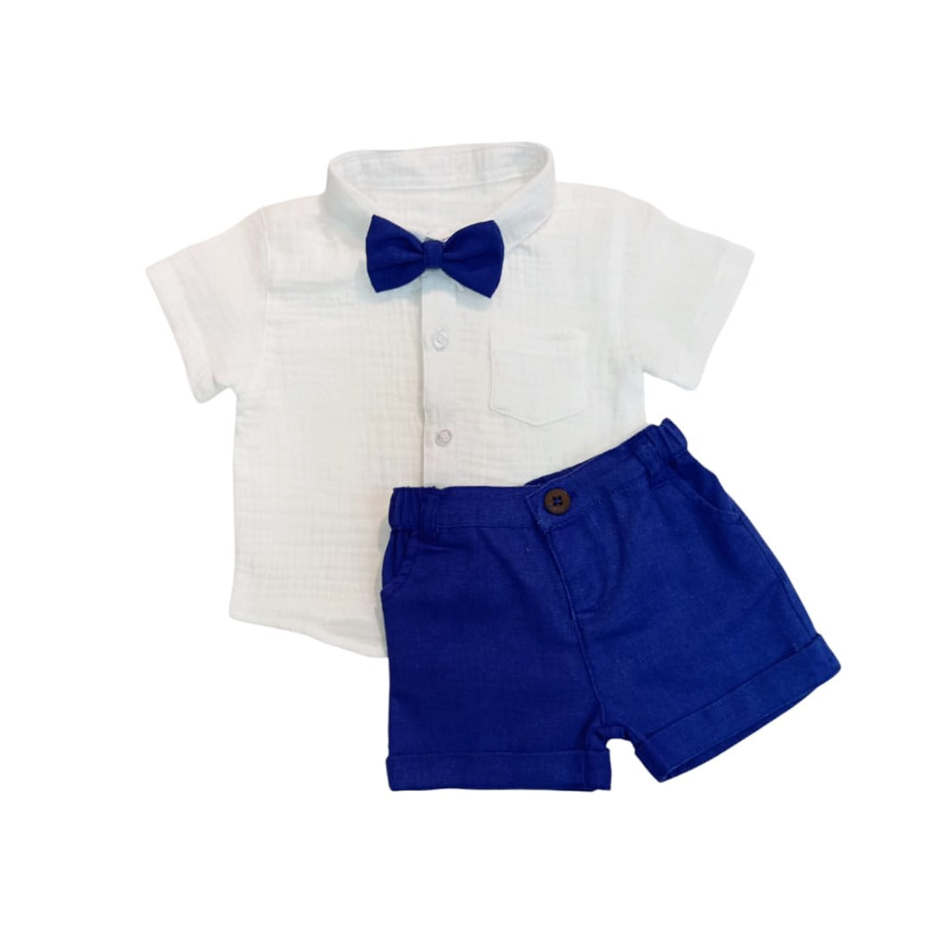 Boy's Collar White Shirt with Royal Blue Short & Bow
