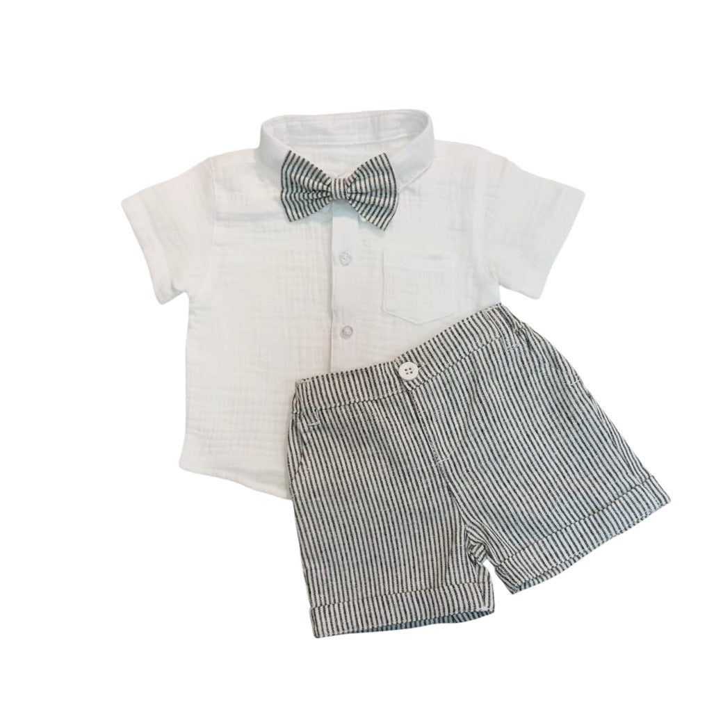 Boy's Collar White Shirt with Black Stripe Short & Bow