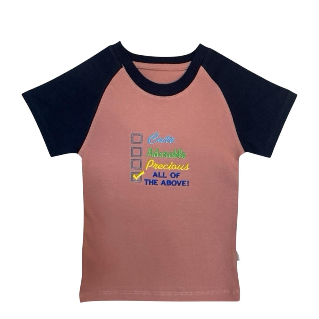Boy's T - Shirt - Peach & Dark Blue Checklist Embroidered